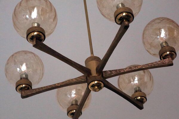 Lustre en laiton doré Angelo Brotto avec 6 globes, Italie années 1960