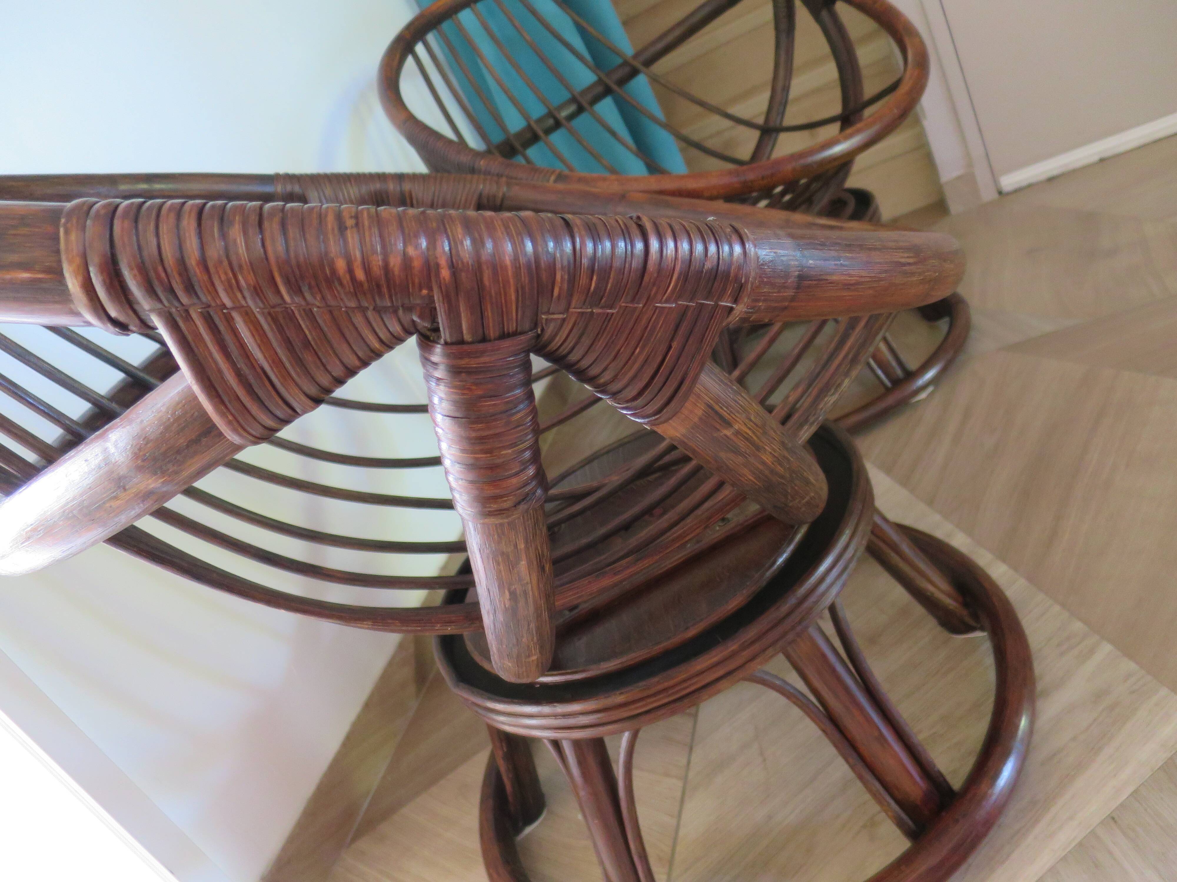 Vintage set of 2 swivel chairs in bamboo and rattan - Papasan shape