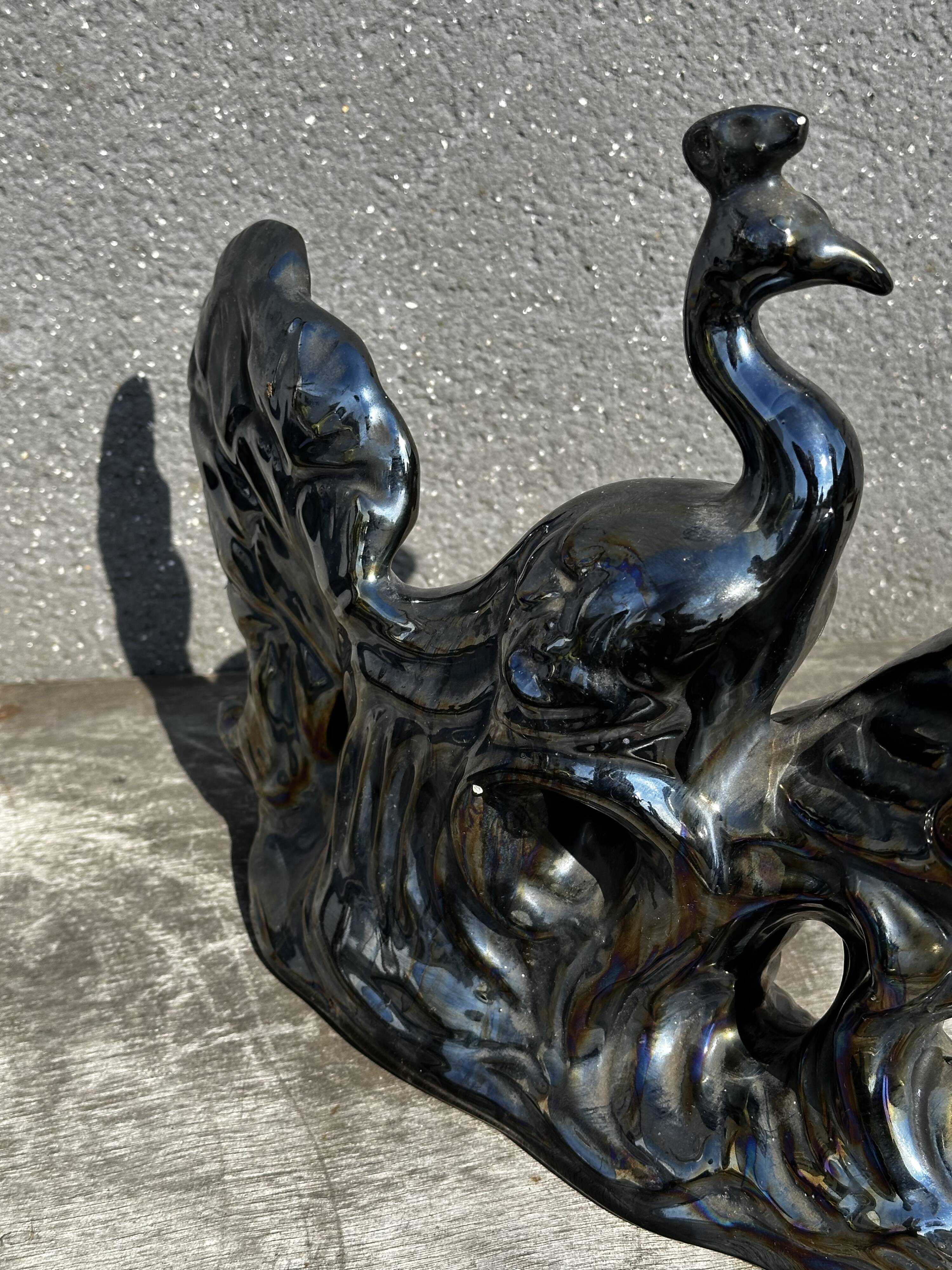 Centerpiece Pair of Peacocks Ceramic Vallauris Iridescent Anthracite Grey