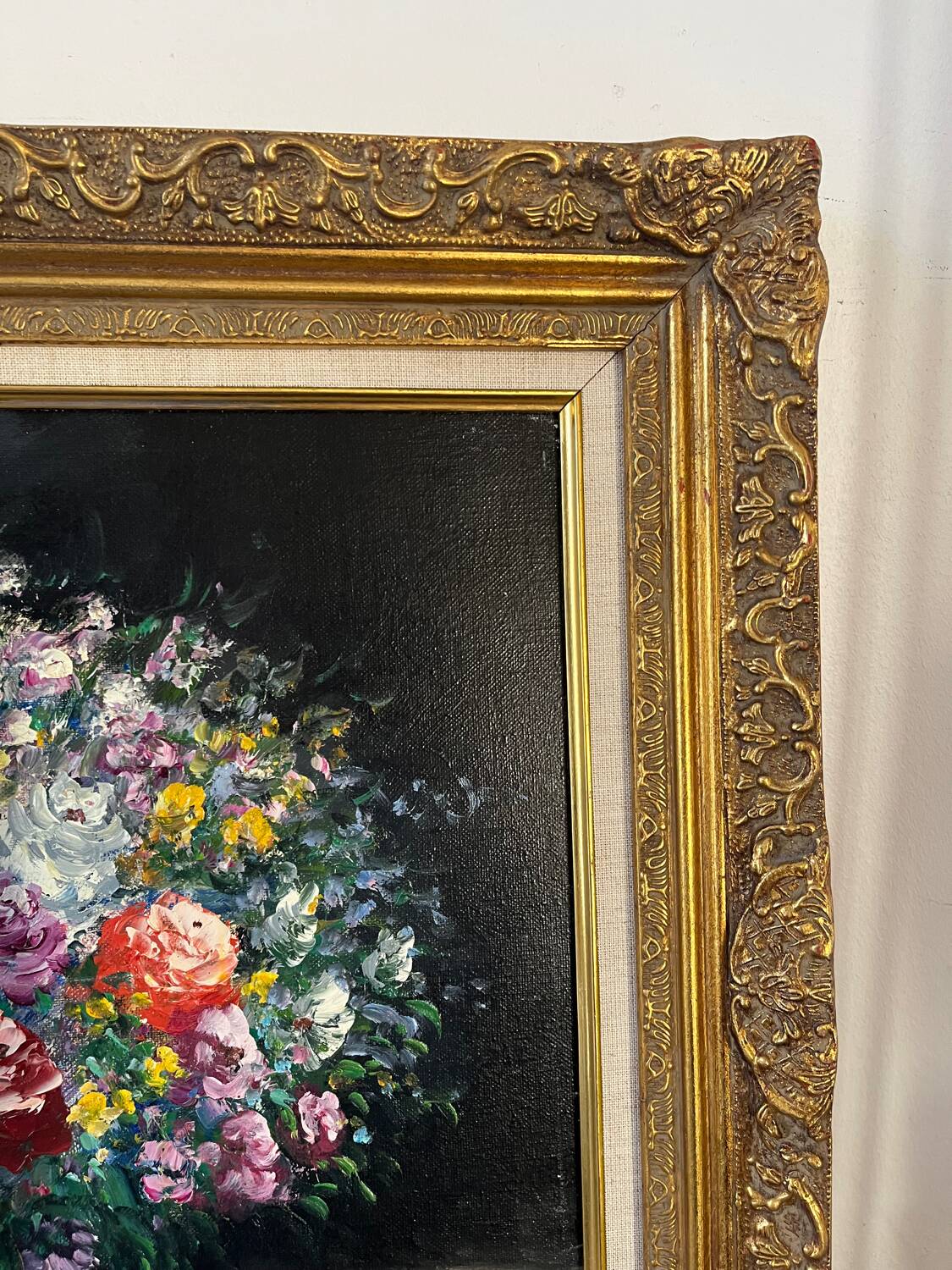 Framed bouquet of flowers, oil on canvas signed R Mogisse.