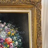 Framed bouquet of flowers, oil on canvas signed R Mogisse.