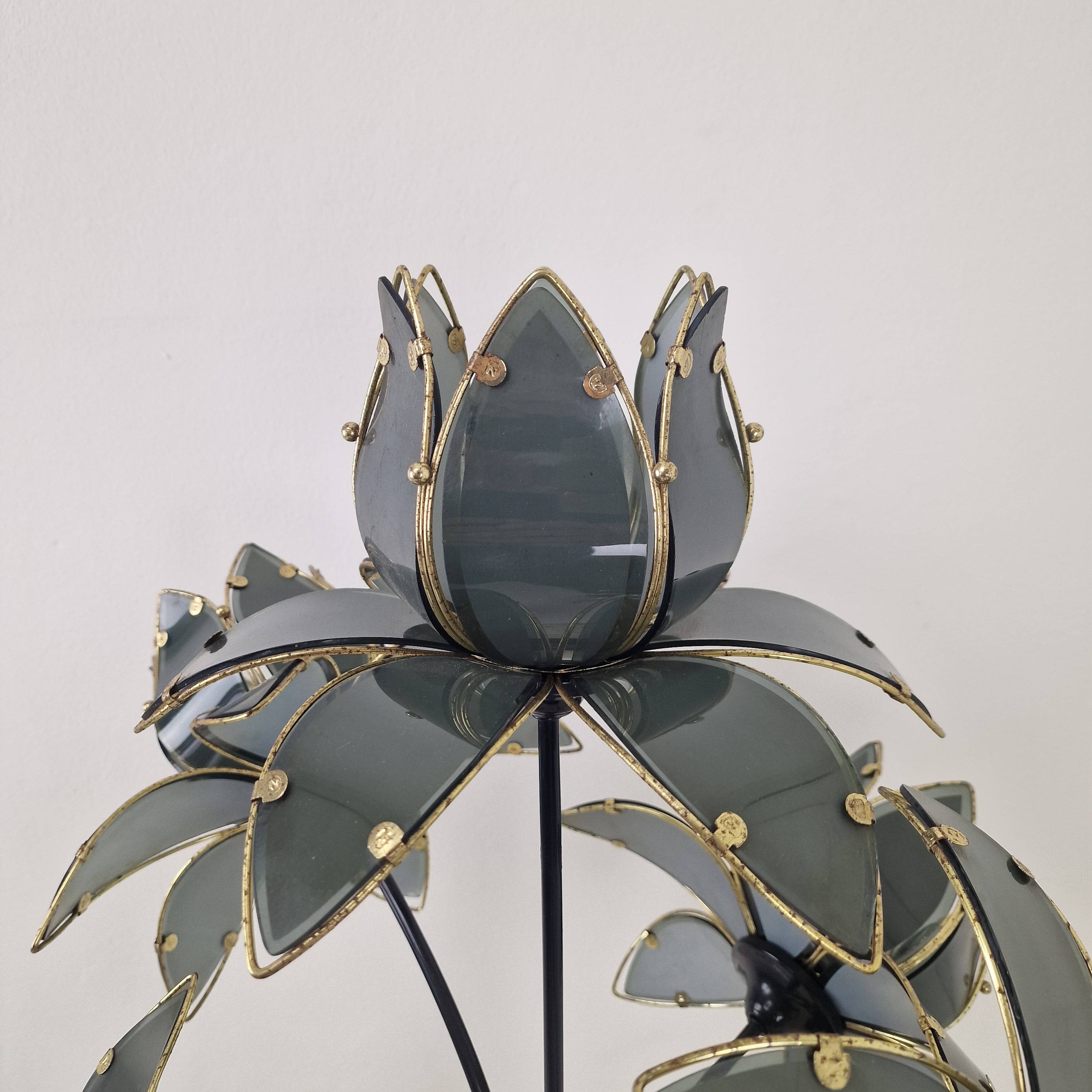 Hollywood Regency 5-Light Lotus Flower Table Lamp in Smoked Glass, 1980's
