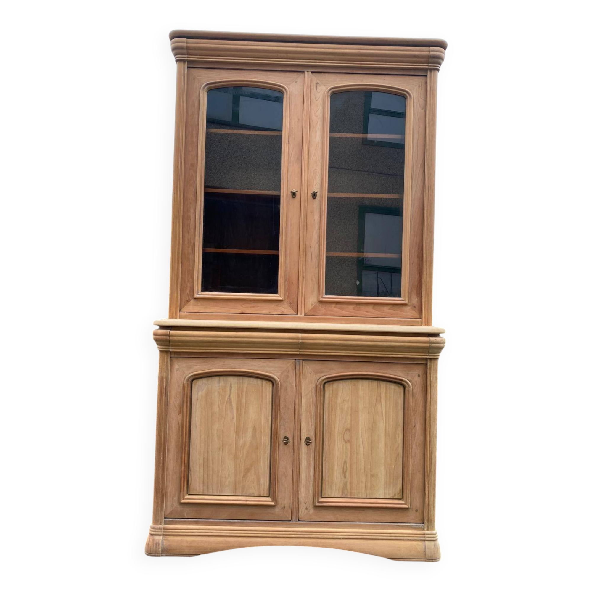 Louis Philippe 2-body sideboard renovated in raw wood with 2 glass doors