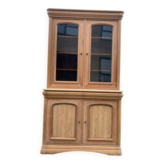 Buffet 2 corps Louis Philippe rénové en bois brut avec 2 portes vitrées