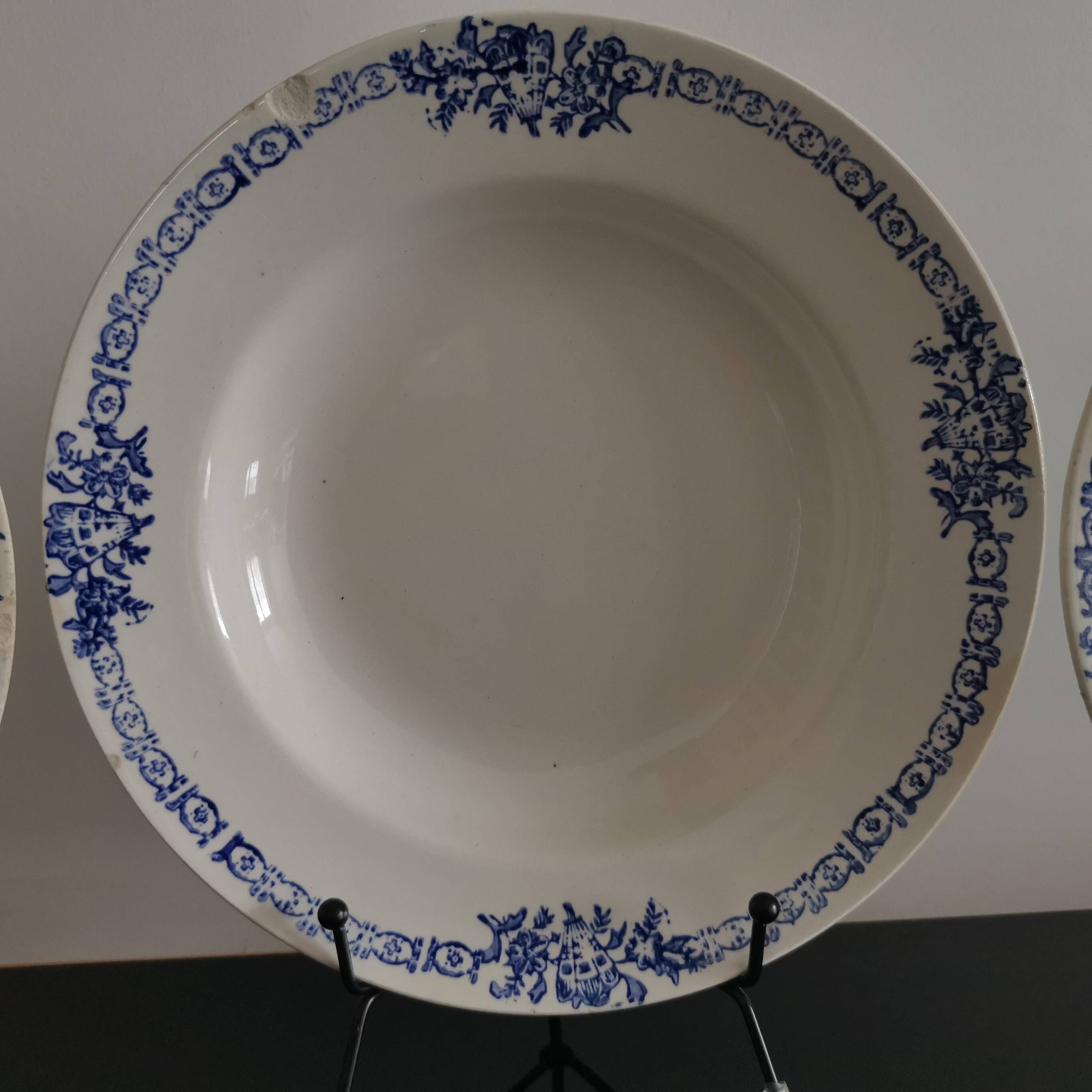 3 soup plates with blue frieze & St Amand fans