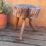 Stool low tripod log solid wood, brutalist and authentic, circa 1920