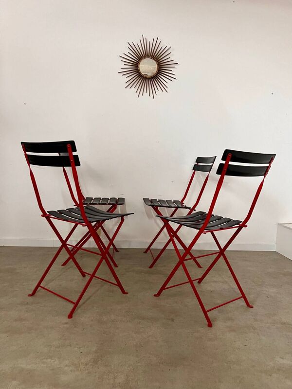 Lot de 4 chaises pliantes cuir et métal design italien Zanuso pour  Zanotta Celestina vintage