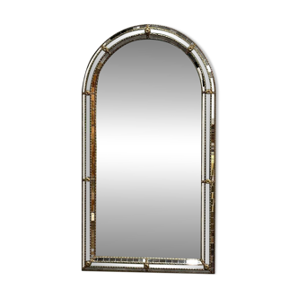 Miroir arc en mosaïque espagnole vintage des années 1980 • cadre en carreaux dorés et bronze • style glamour