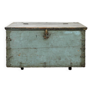 Wooden storage chest with blue patina