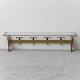 Wall coat rack in wood and glass, 1950s vintage modernism