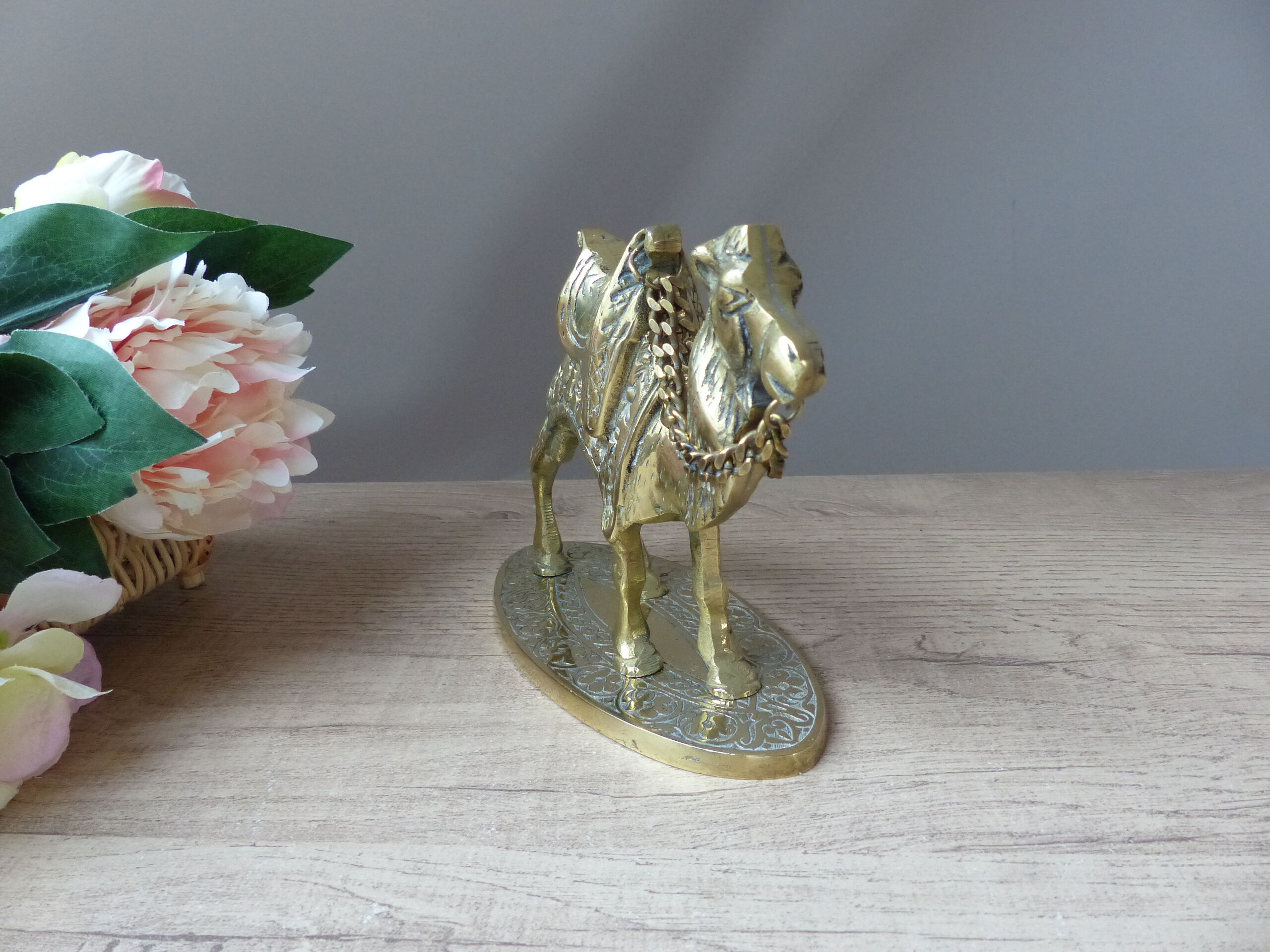 Sculpture brass camel figurine on pedestal vintage