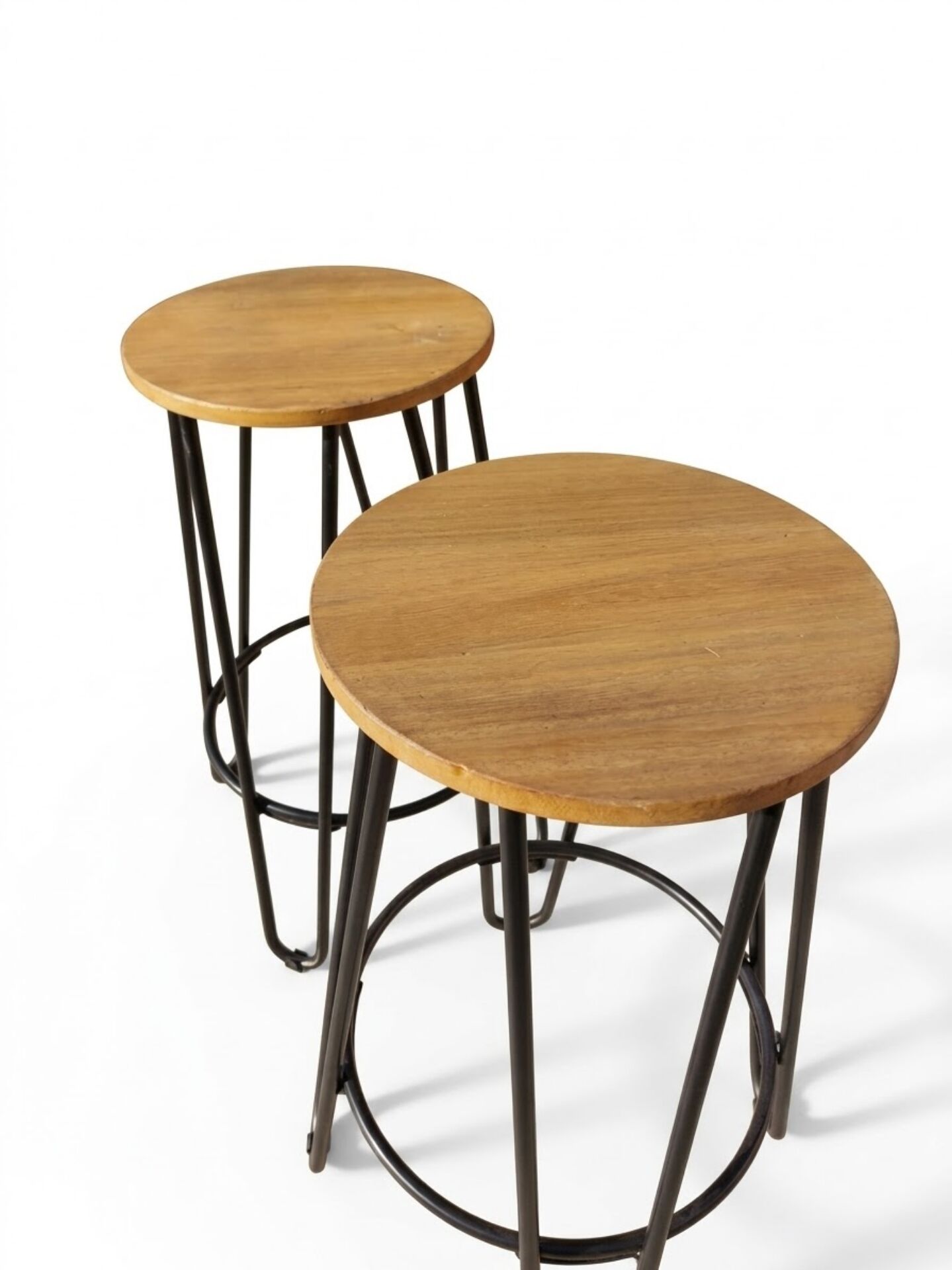 Pair of industrial style bar stools – Wooden seat & tapered legs