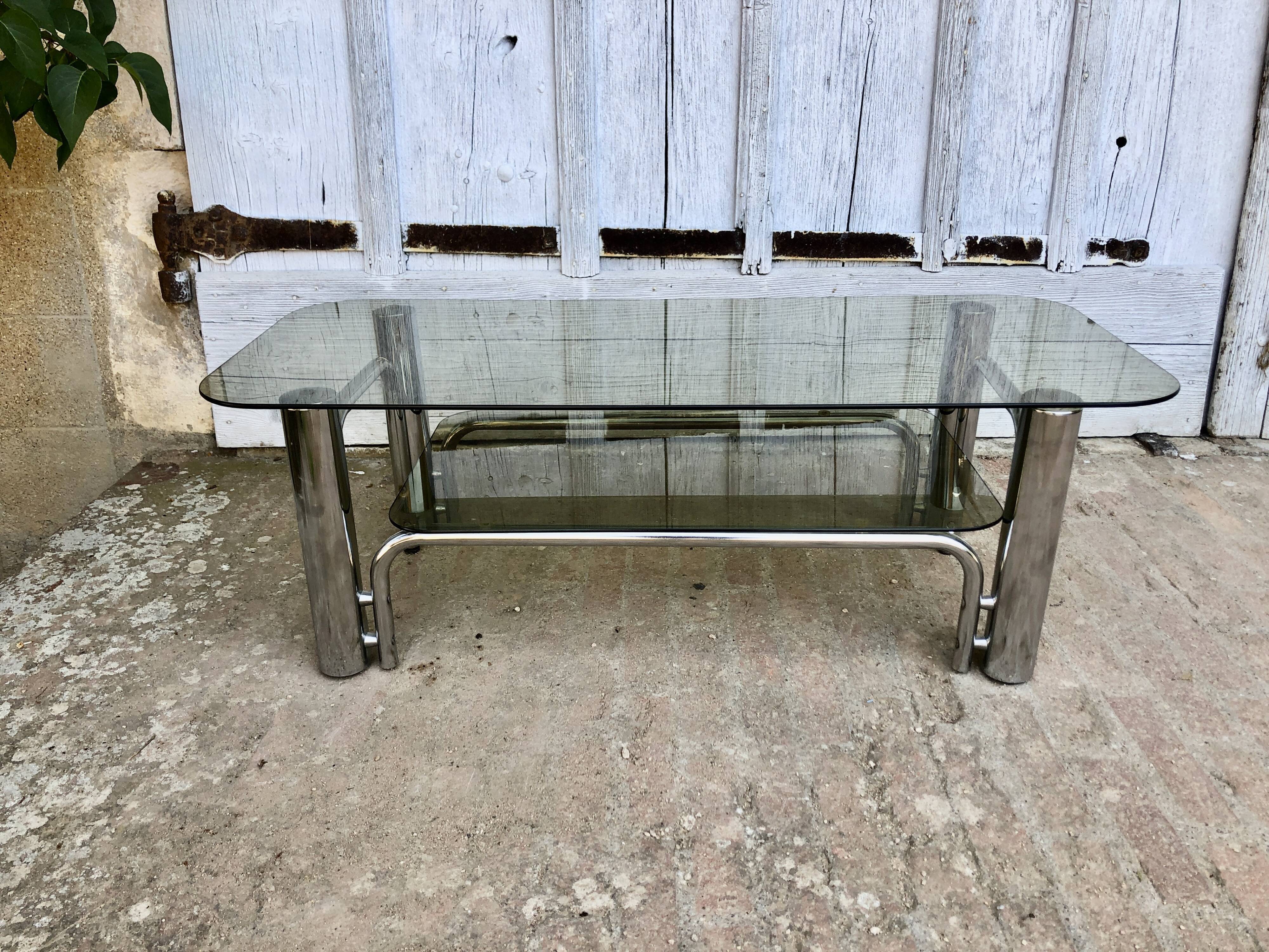 Coffee table chrome tubes and smoked glasses 1970