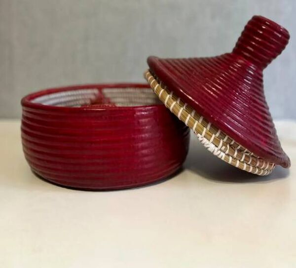 Panier Touareg cuir et osier rouge