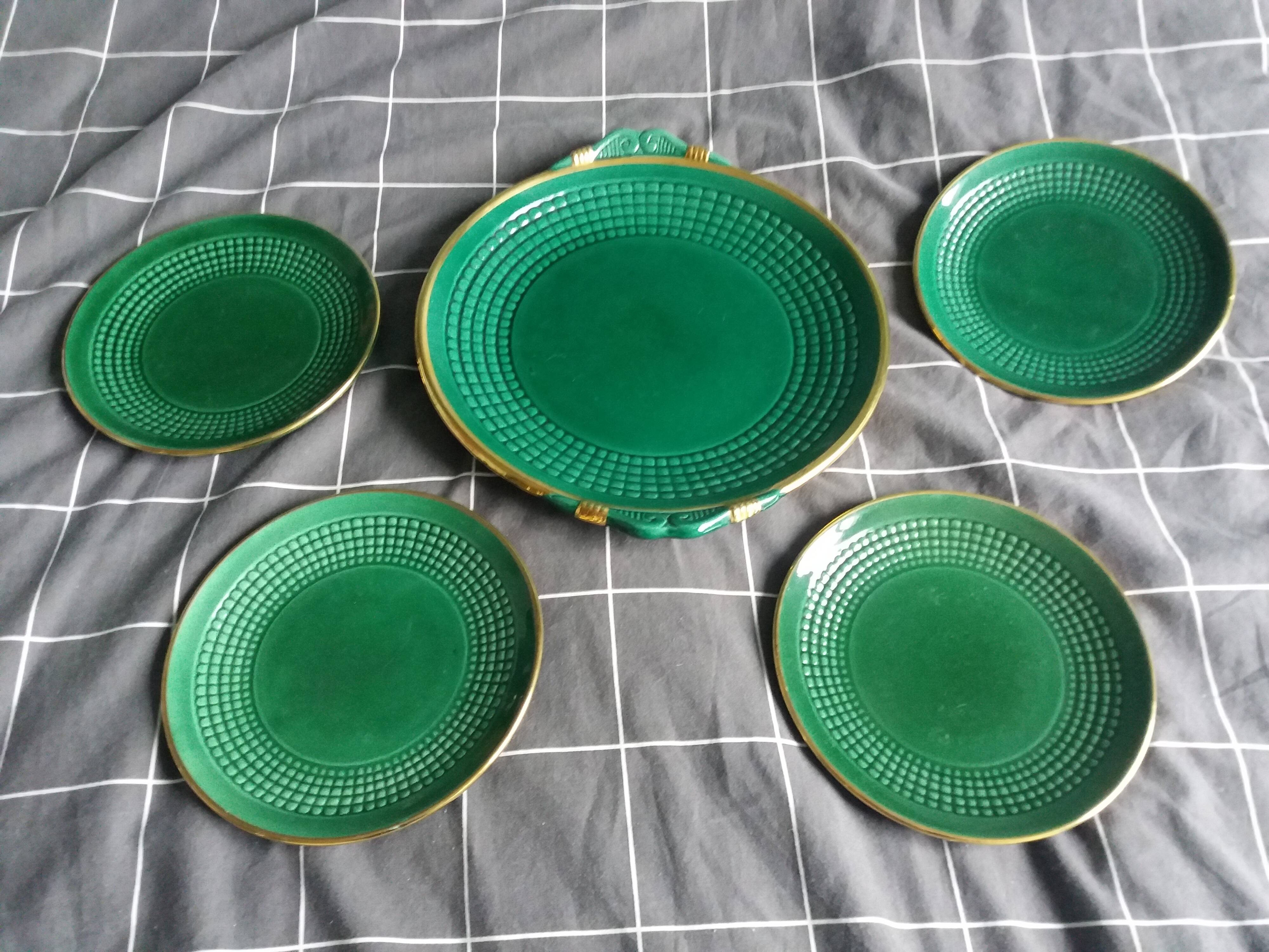 Dessert or cheese set, dish and 4 plates, Saint Clément green and gold
