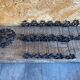 Service Table Under Plate + 12 Old Forged Iron Knife Holders Black