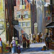 Large painting urban scene oil on wood framed John Haanstra vintage
