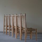 Set of 6 French Mid Century Naturalist Woven Highback Chairs in Solid Elm, 1960s
