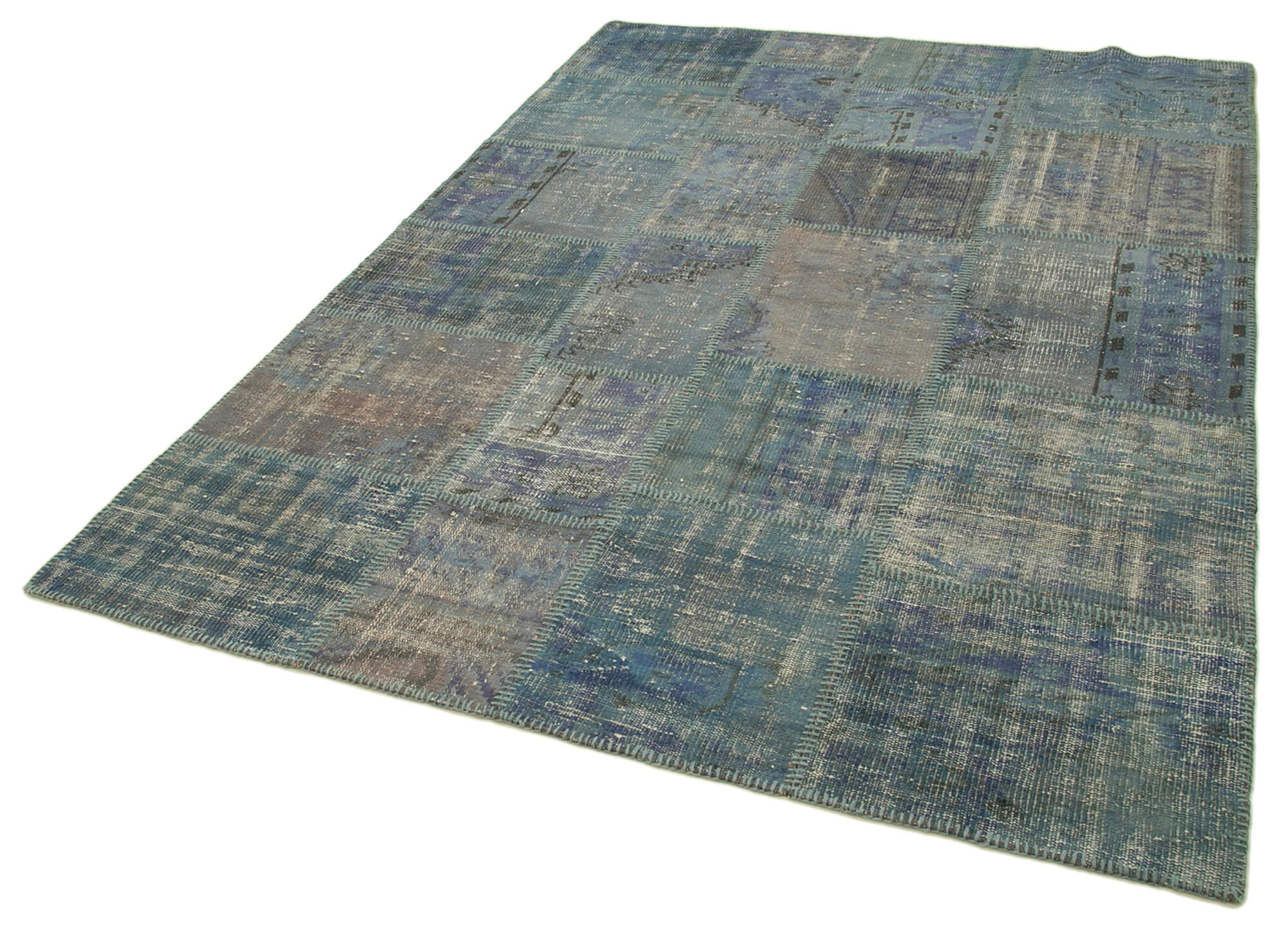Hand-knotted oriental vintage 176 cm x 244 cm blue patchwork carpet