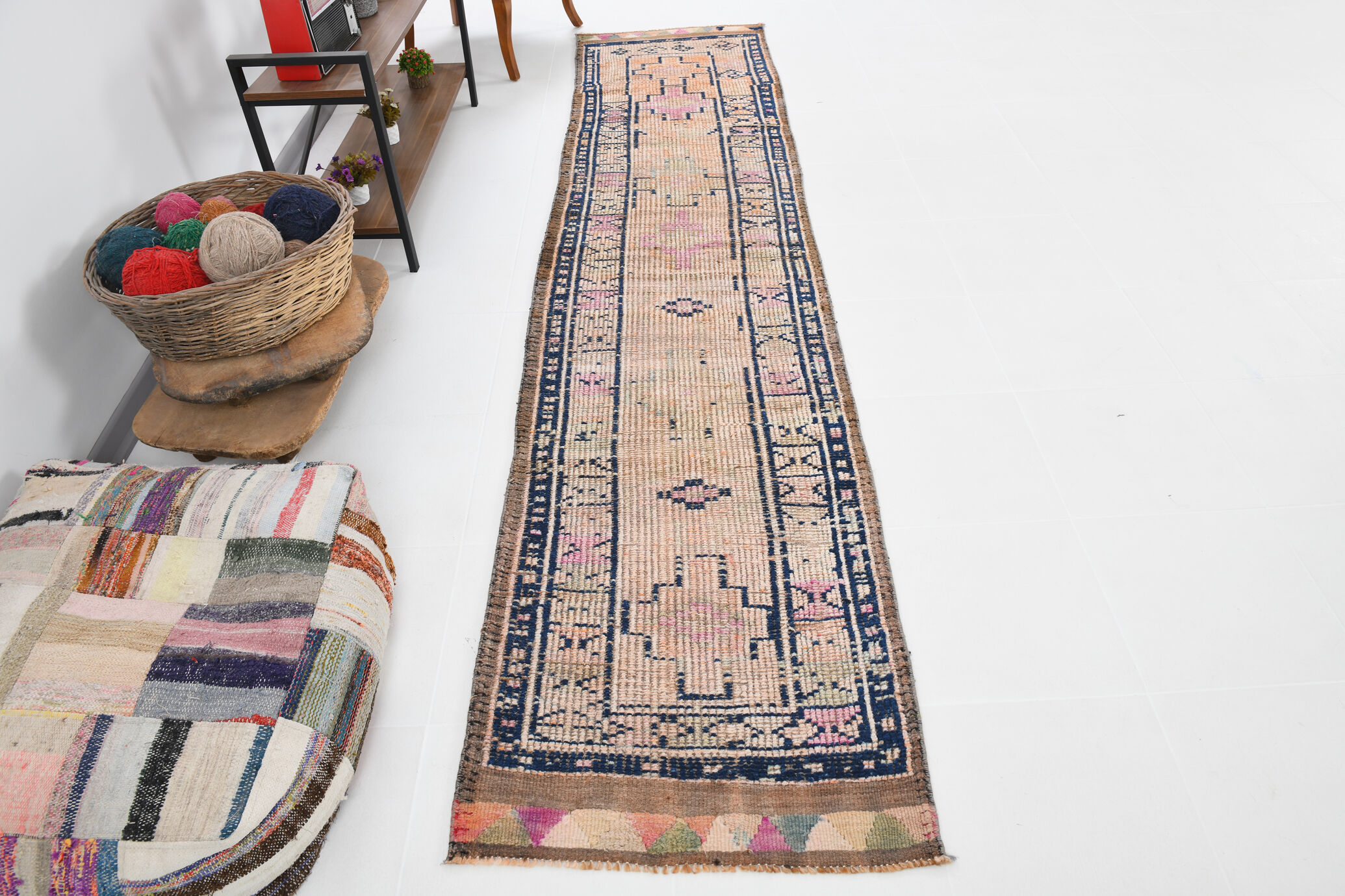 Pale orange & navy blue vintage runner rug 78x357cm