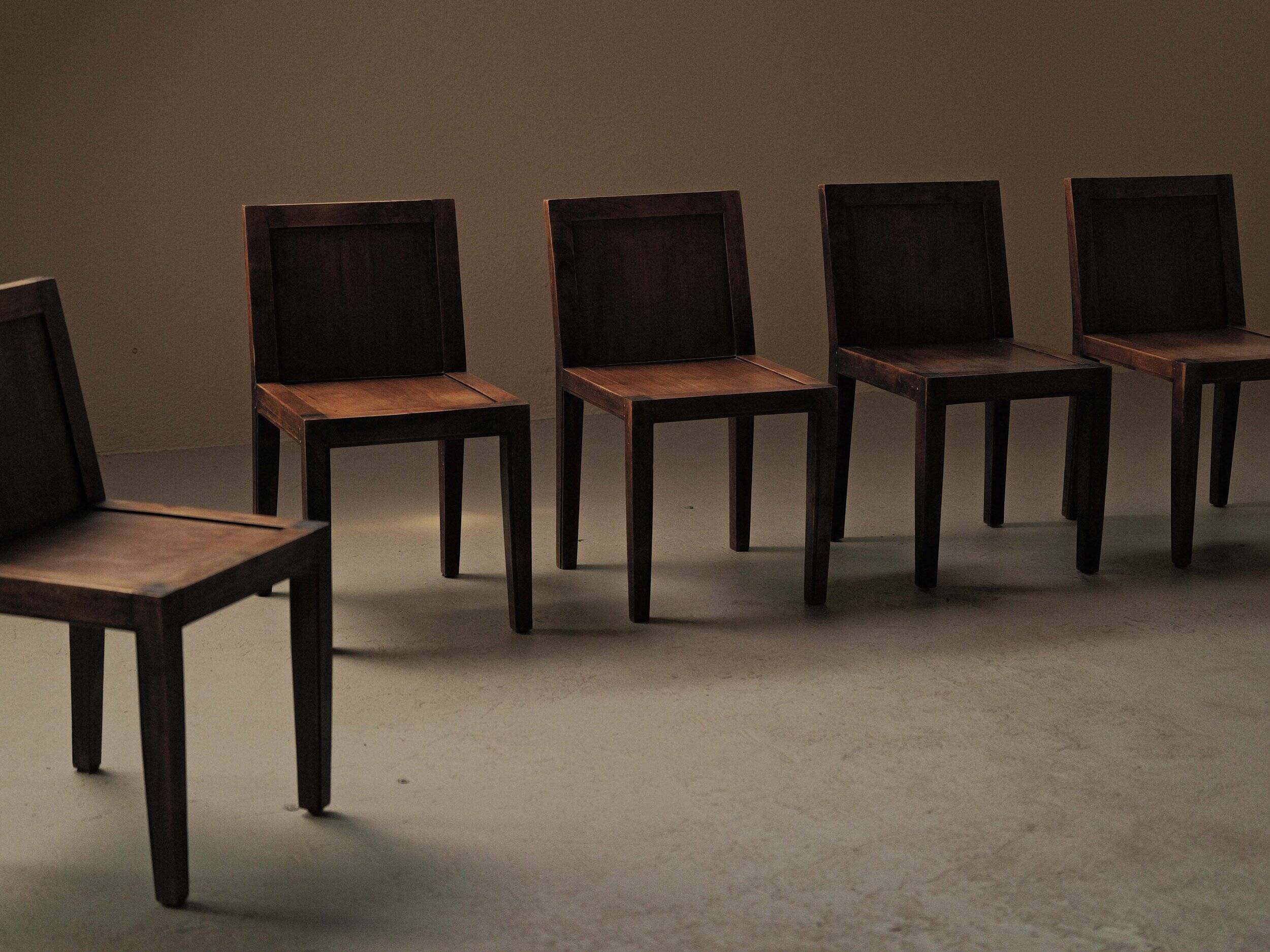 Set of 6 handcrafted oak chairs, France, circa 1970.