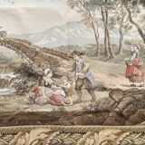 Tapisserie mécanique représentant paysage animé autour d'une village