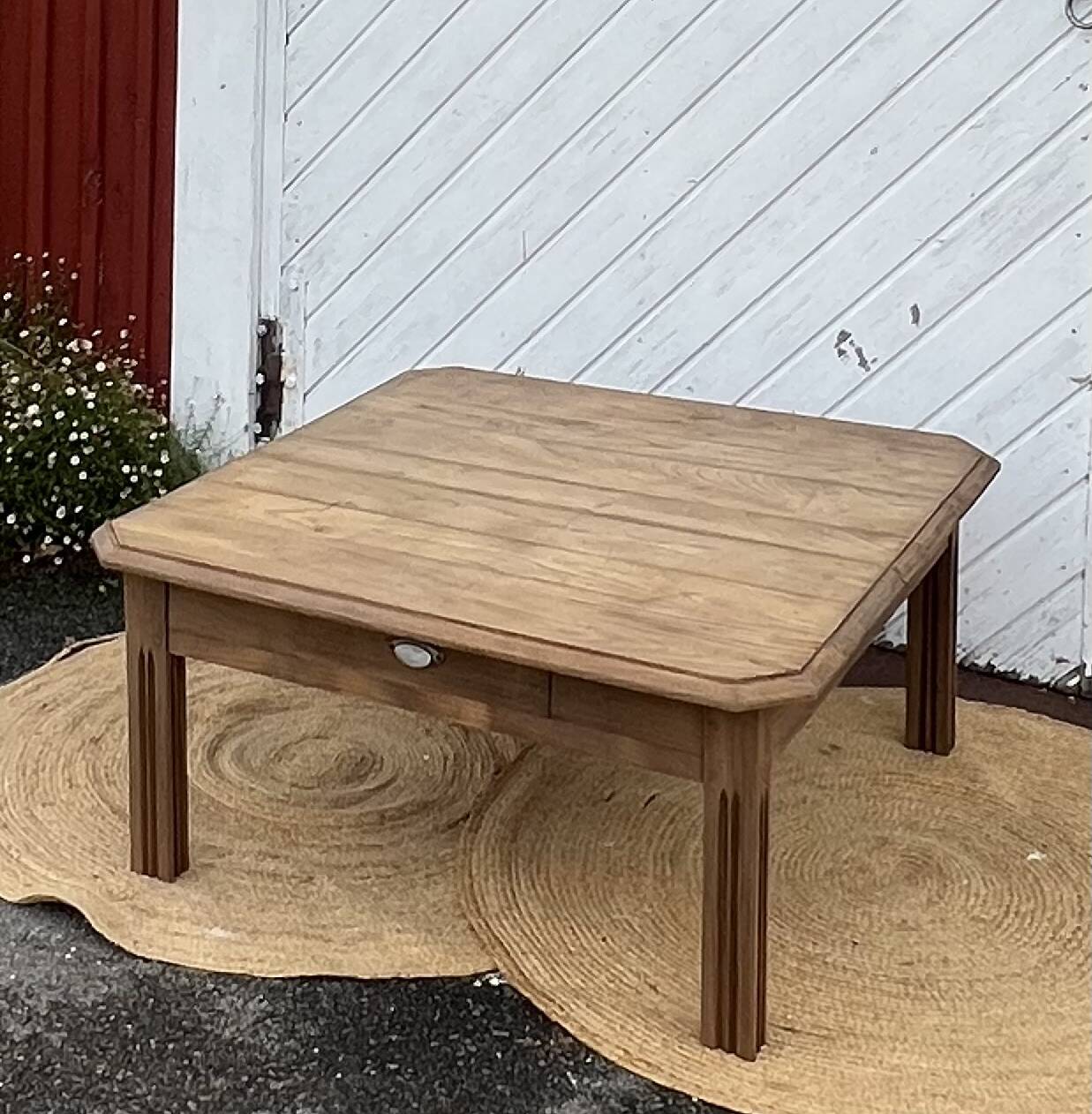 Large antique square coffee table with 1 drawer in solid raw wood