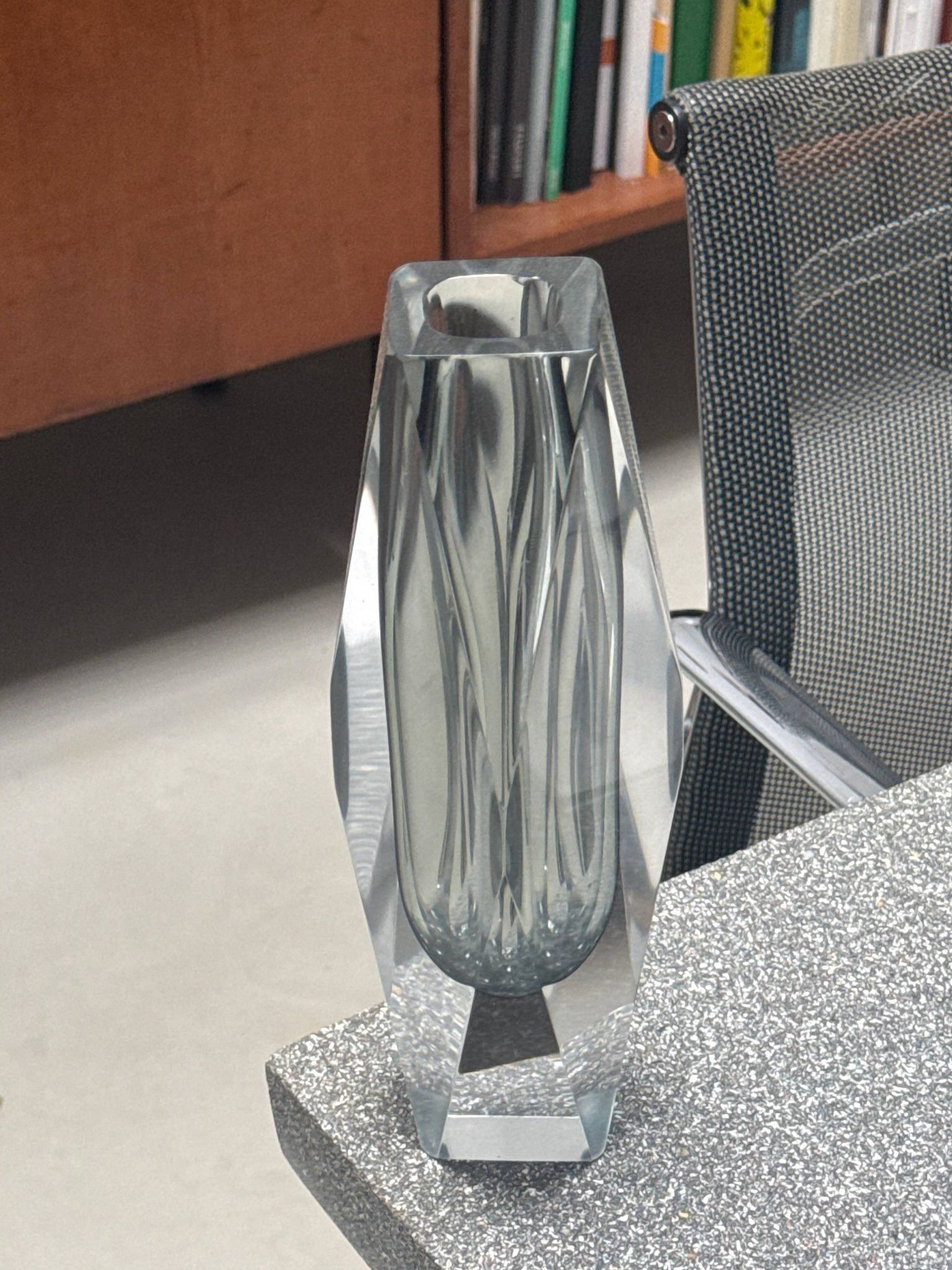 Vintage Geometric Vase in Grey "Sommerso" Murano Glass, Flavio Poli Style