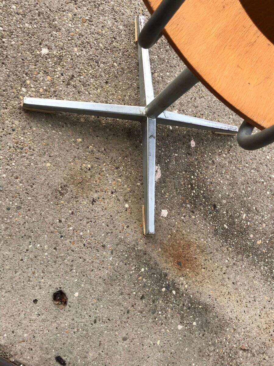 Set of 3 Embru school chairs, Switzerland, 1960s — brown plywood and steel frame.