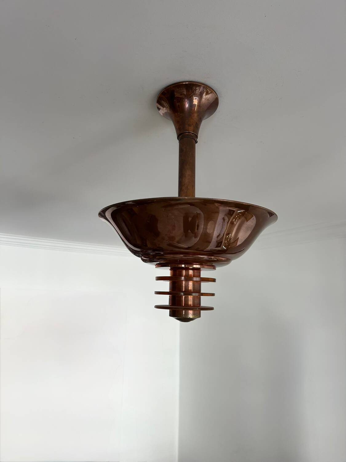 Vintage modernist chandelier, copper and glass, France 1930