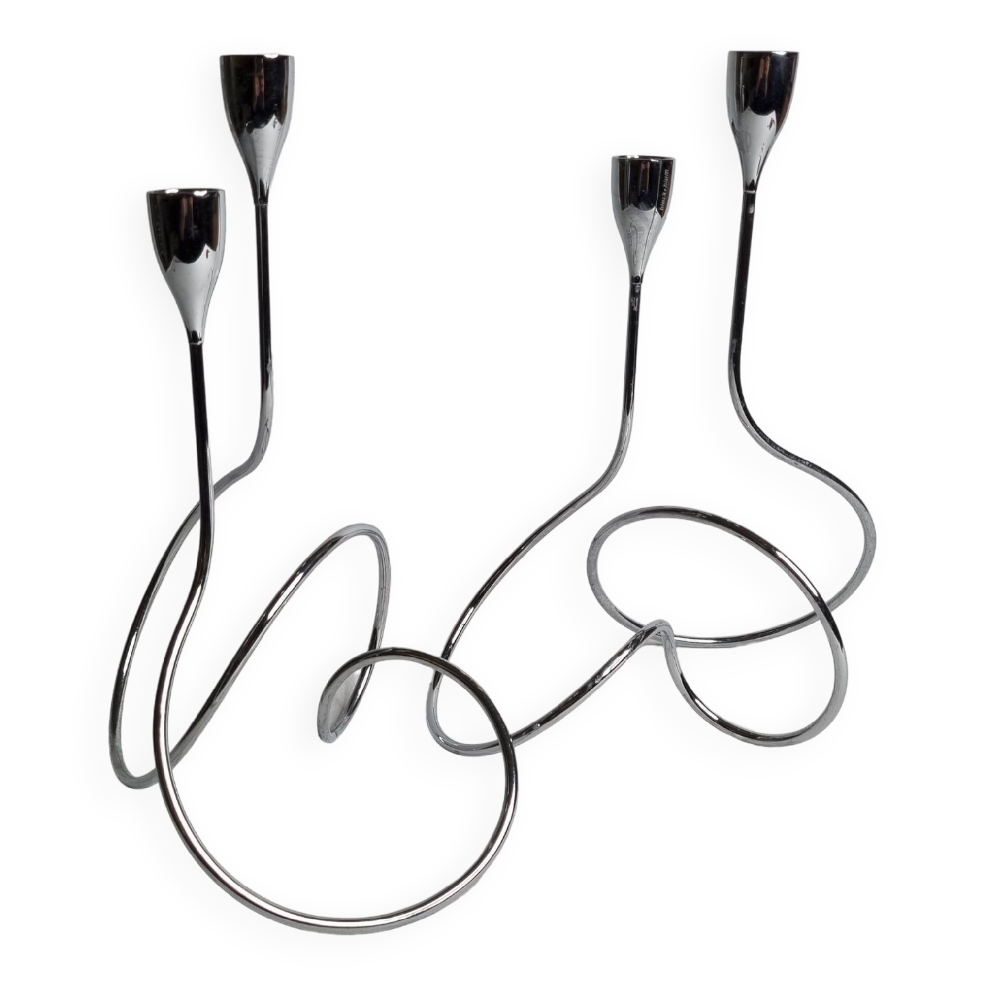 Pair of “Black & Blum” designer candlesticks in chrome-plated metal, 27 cm