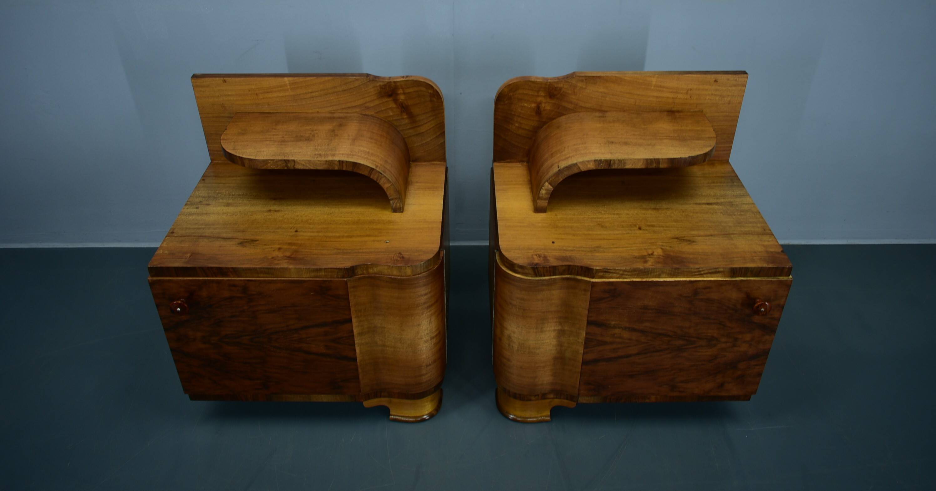 1930s Art Deco nightstands in walnut finish, Czechoslovakia