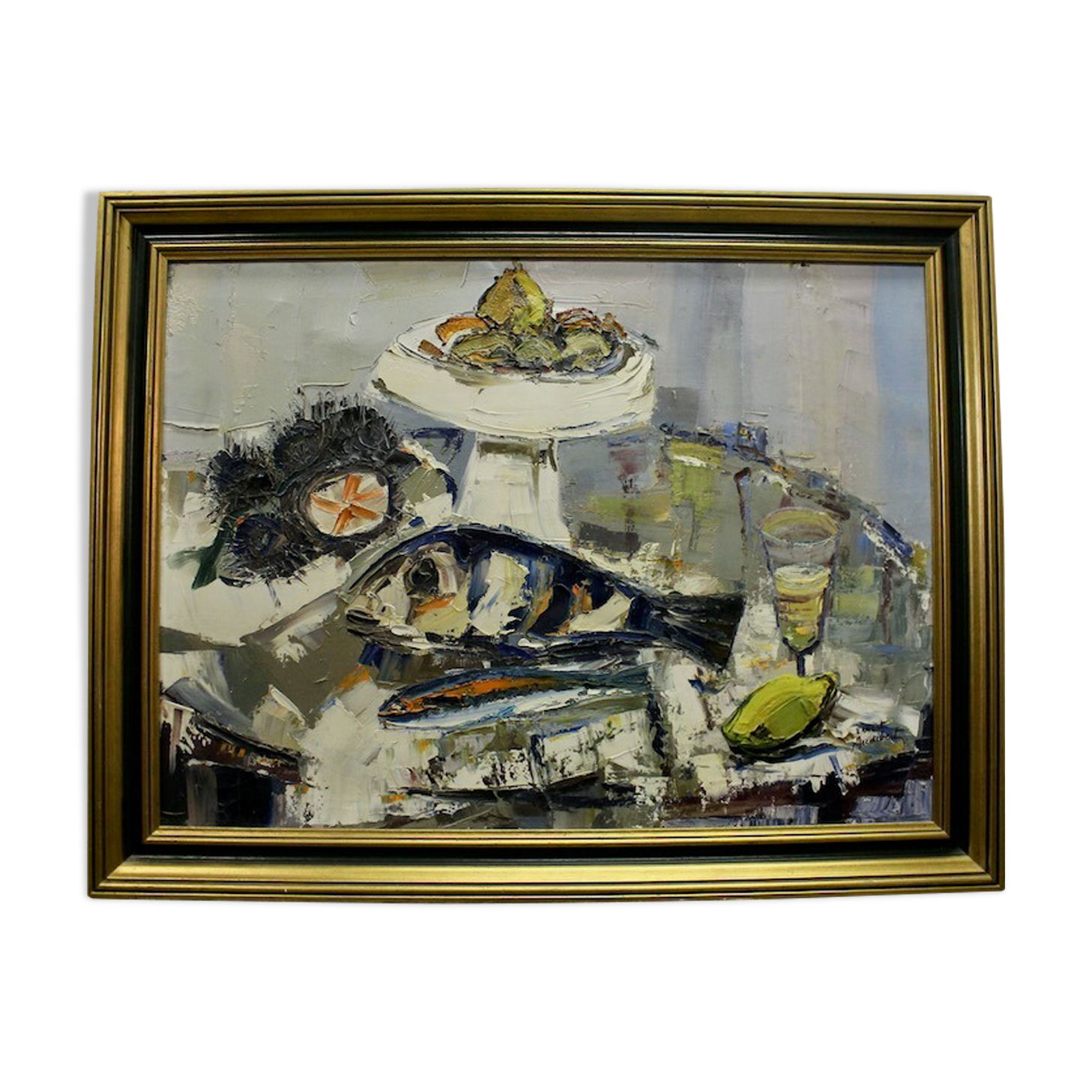 Oil on canvas ernest audibert, still life with fish