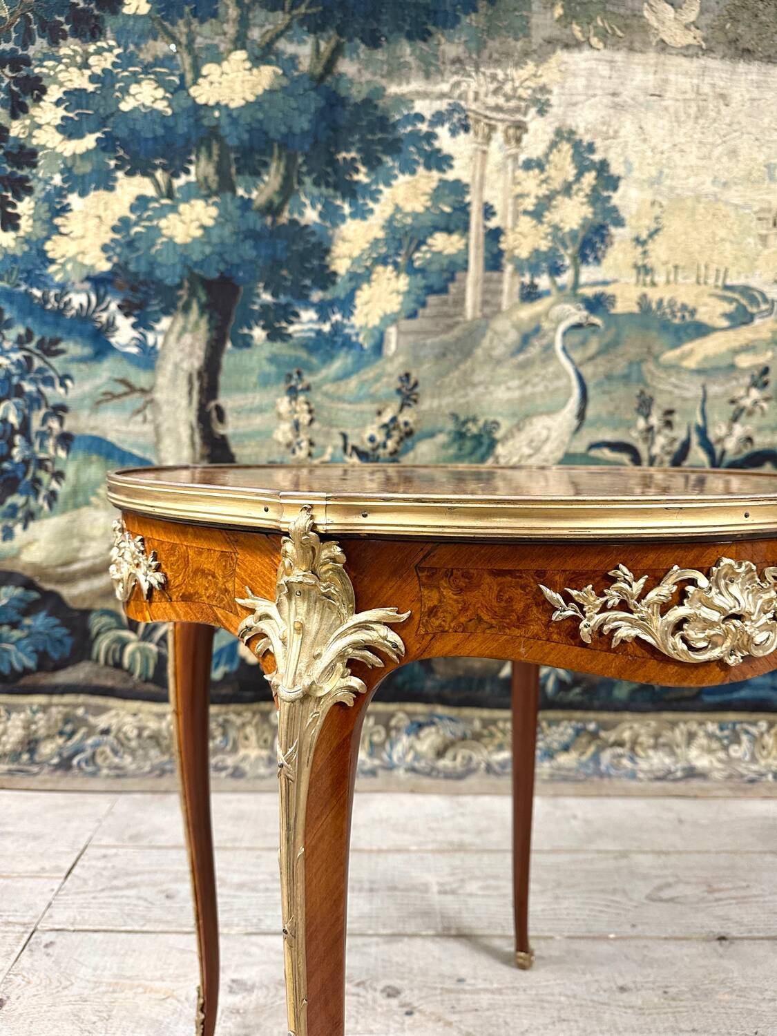 Pedestal table in marquetry and gilded bronzes, louis xv style, napoleon iii period