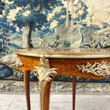 Pedestal table in marquetry and gilded bronzes, louis xv style, napoleon iii period