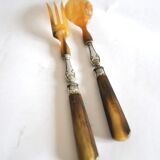 Antique horn salad cutlery – shell decoration 1900