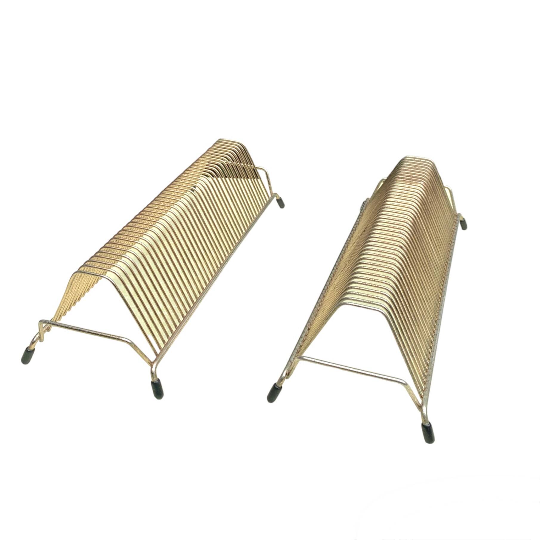 Pair of vintage record holders in gilded brass - for 80 vinyls