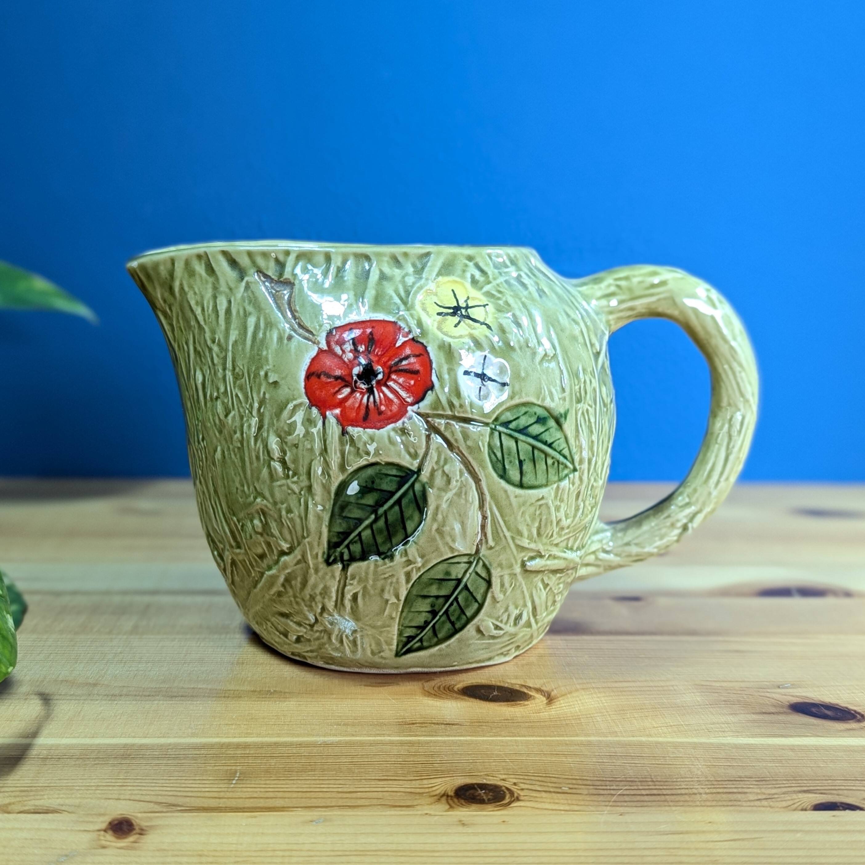 Pitcher Jug Antique Ceramic Barbotine Bresse Style Signed L Green Floral