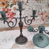 Set of 2 candlesticks 3 bobèches in patinated brass vert-de-gris