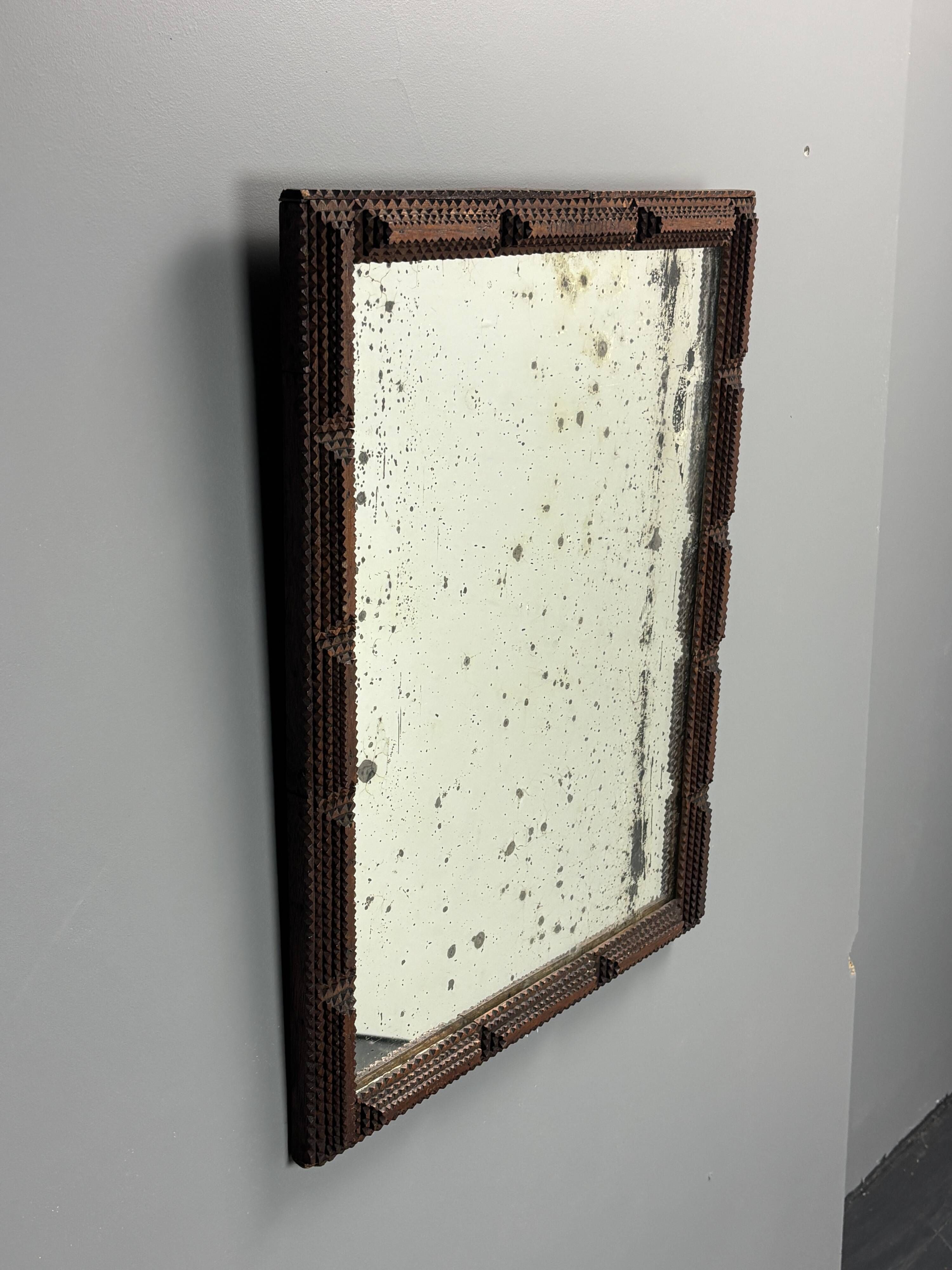 Antique tramp art folk art distressed mirror, Belgium ca 1900s