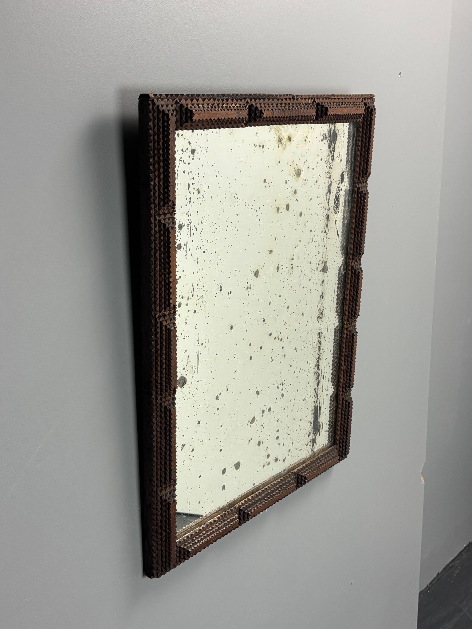 Antique tramp art folk art distressed mirror, Belgium ca 1900s