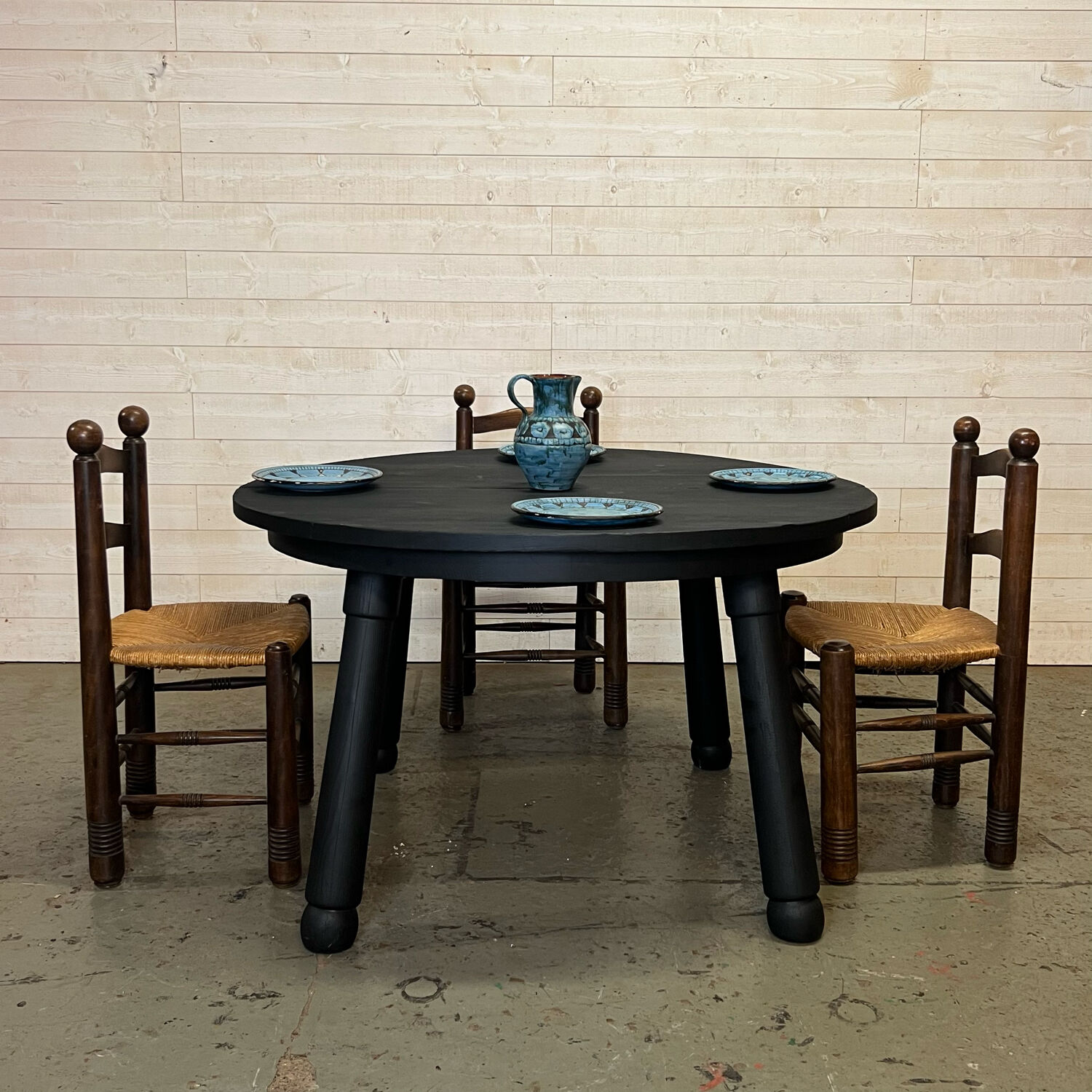 Brutalist round table in burnt wood yakisugi