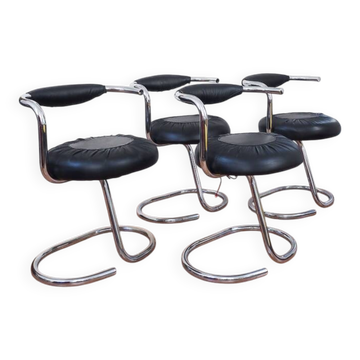 4 vintage Cobra chairs by Giotto Stoppino – Genuine leather and chrome steel