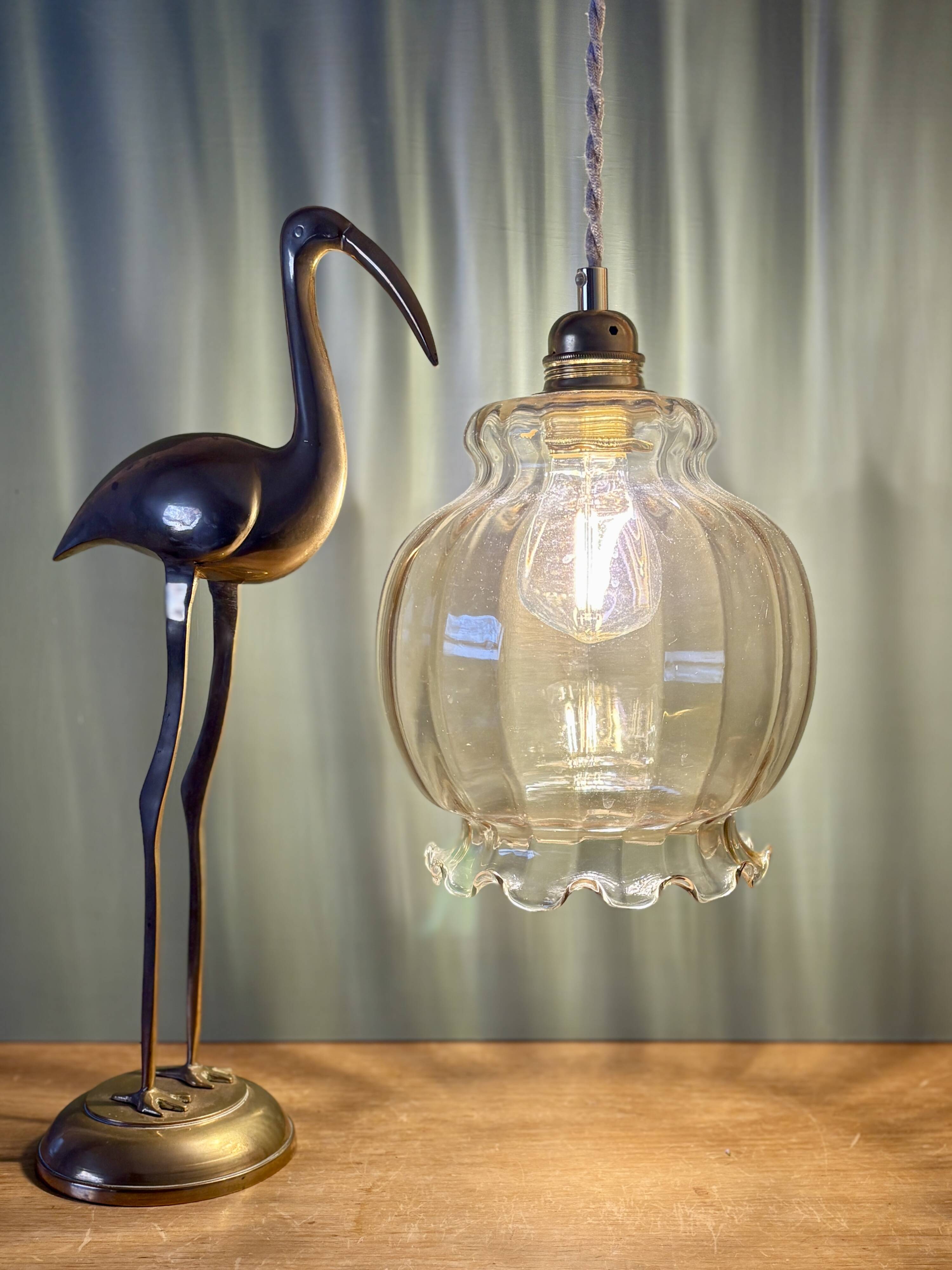 XL vintage globe pendant light in amber glass