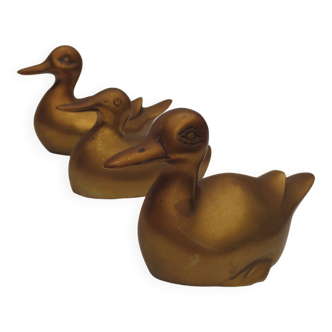 Trio of ducks in solid gilded brass