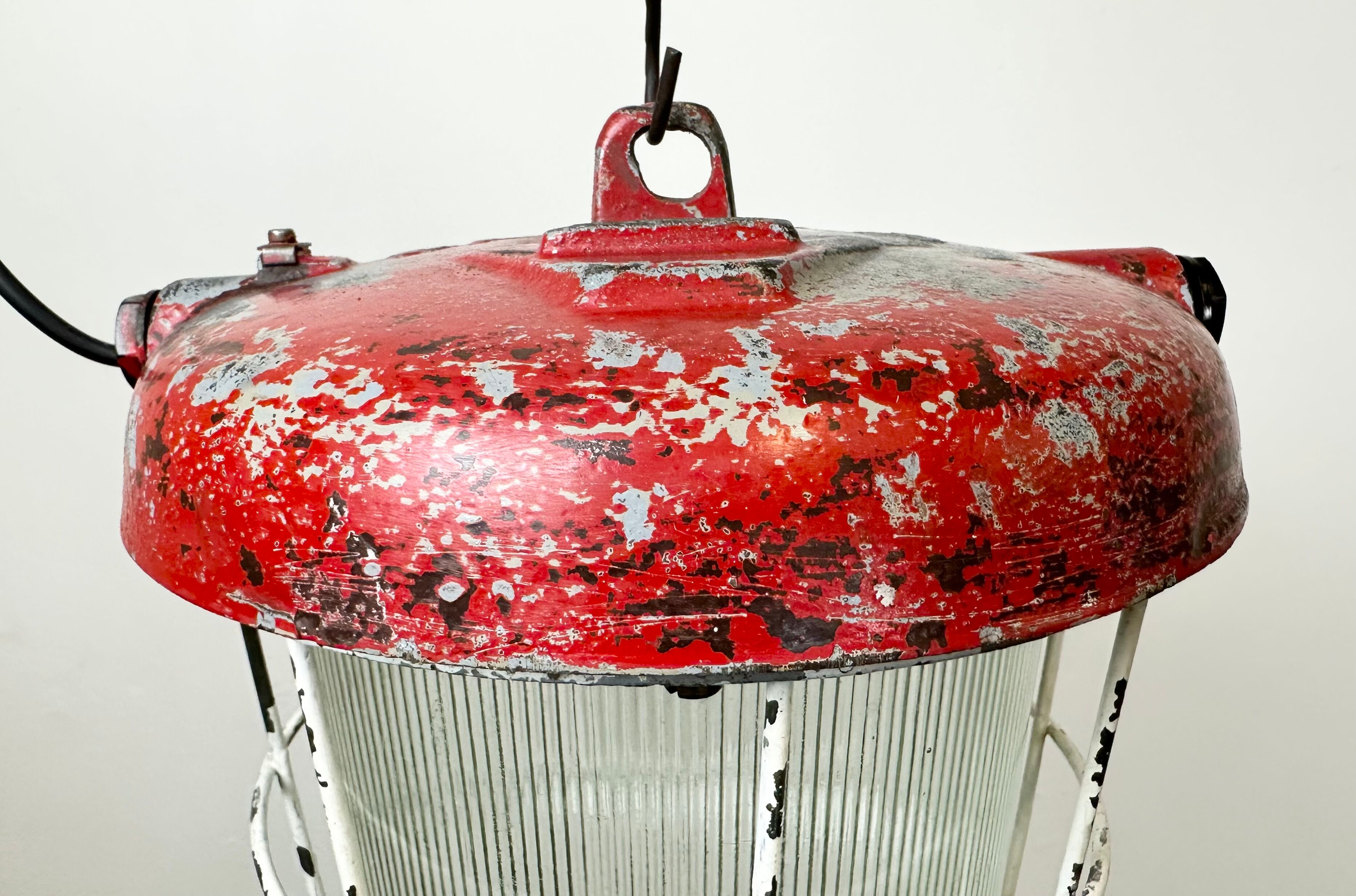 Red industrial cast iron cage pendant light, 1960s