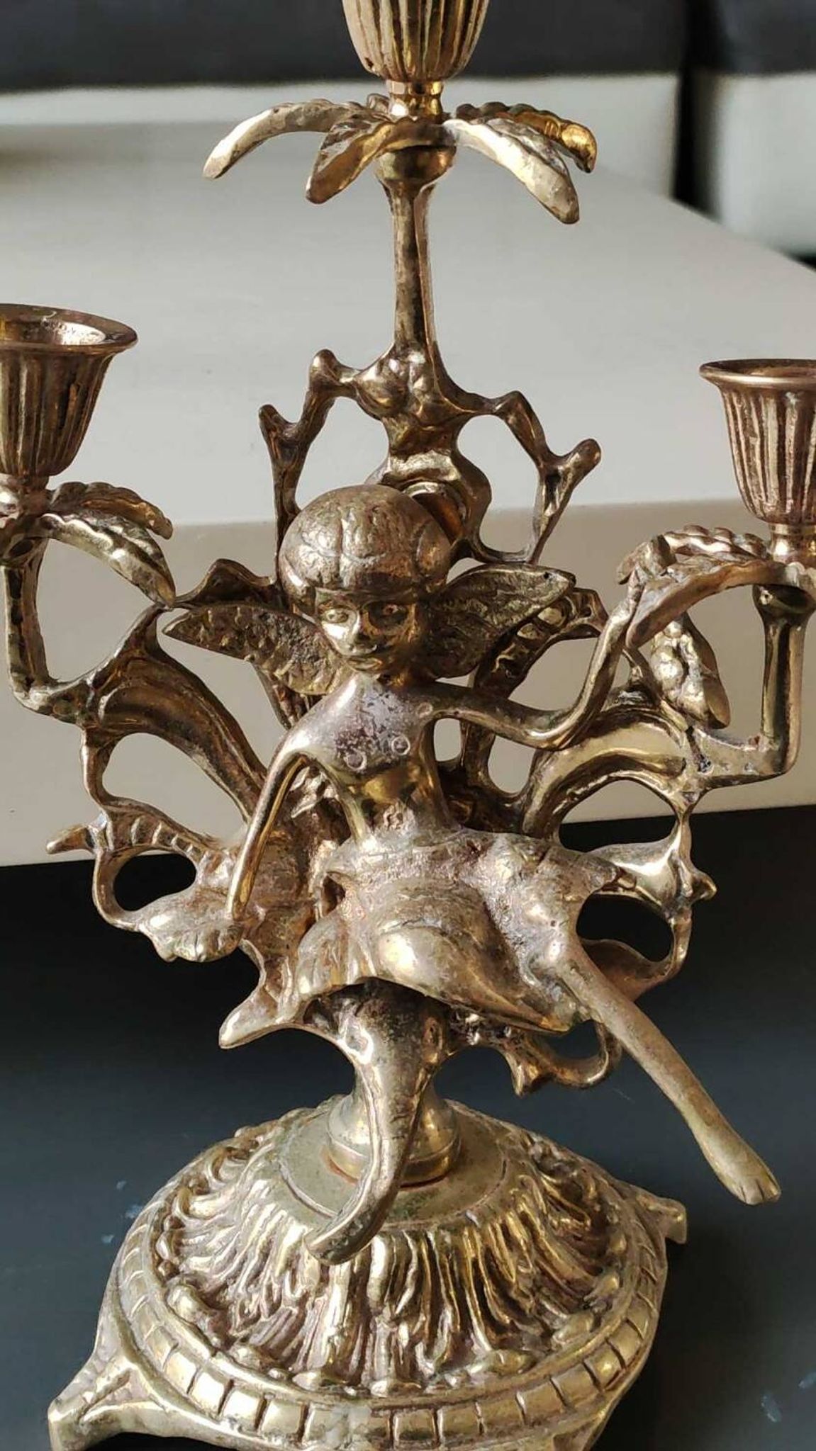 Pair of Antique 3-light candlesticks. Puttis/Cherubs. Bronze