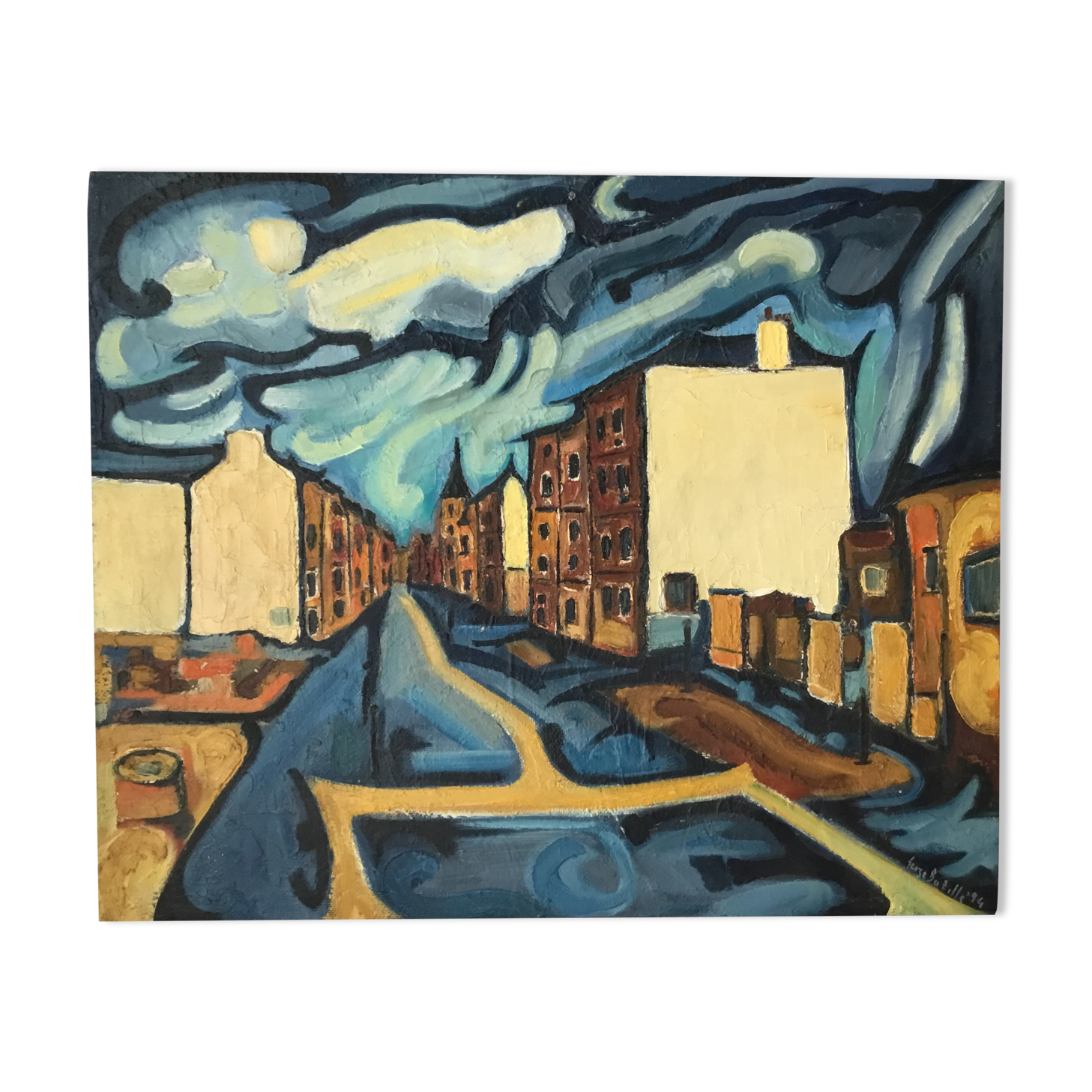 Painting painted on wood "village under the storm"