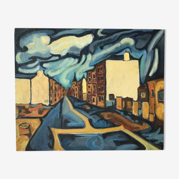 Painting painted on wood "village under the storm"