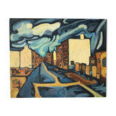 Tableau peint sur bois « village sous l’orage »
